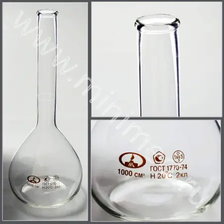 Колба мерная 1-1000-2 с одной меткой и цилиндрической горловиной (ГОСТ 1770-74, ТУ 9464-013-52876351-2014)