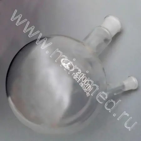 Колба круглодонная КГУ-2-1-2000-29/32-19/26 со шлифом и двумя горловинами (ГОСТ 25336-82, ТУ 9464-019-29508133-2015)
