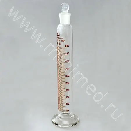 Цилиндр 2-500-2 мерный с пришлифованной пробкой, на стеклянном основании (ГОСТ 1770-74, ТУ 9464-013-52876351-2014)